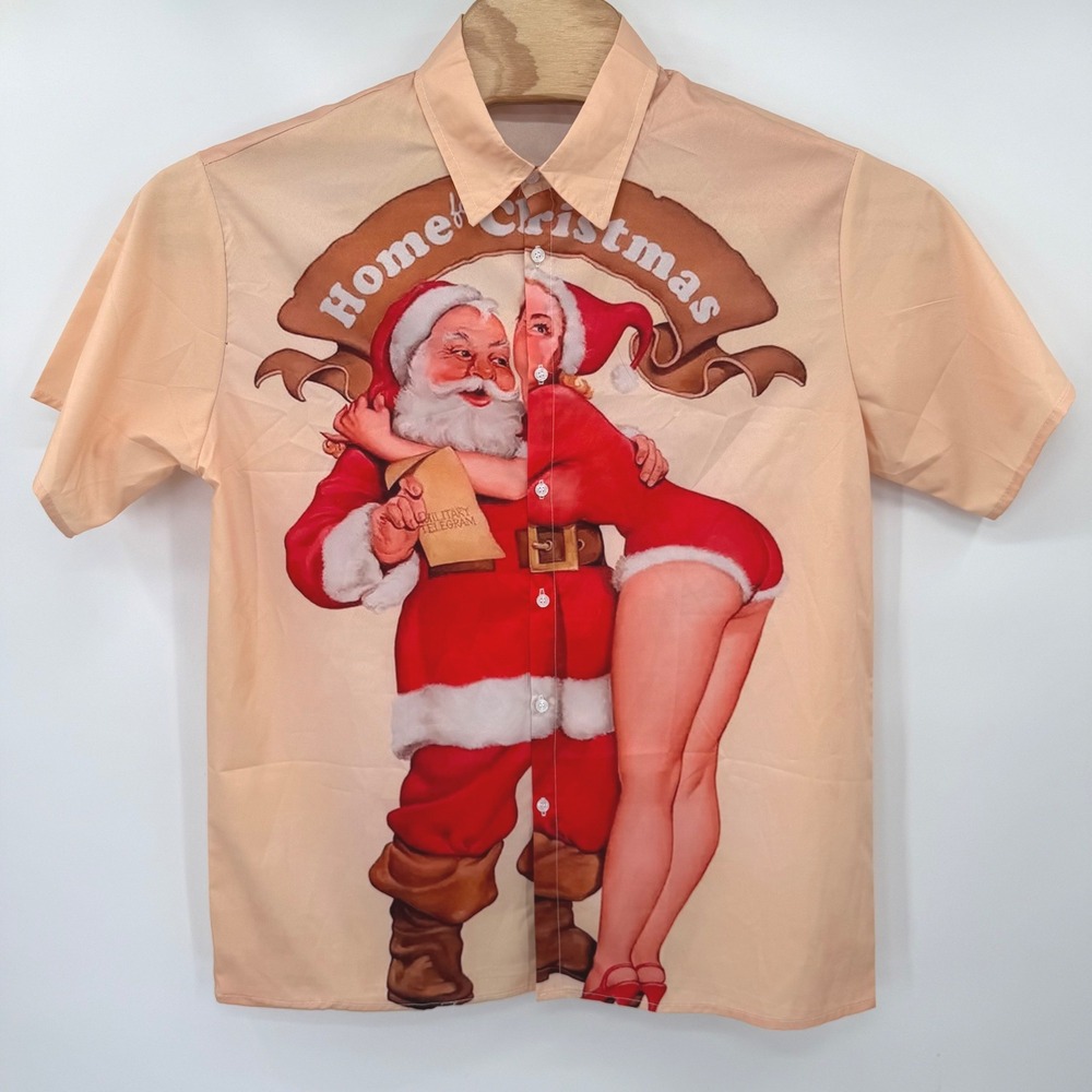 Unbranded Button‎ Down Shirt Men XL Peach Home for Christmas Pinup Santa Graphic